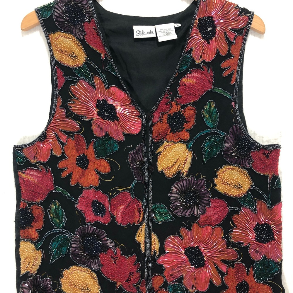 Styleworks Black Floral Beaded Vest V Neck Sleeveless Women's Large‎